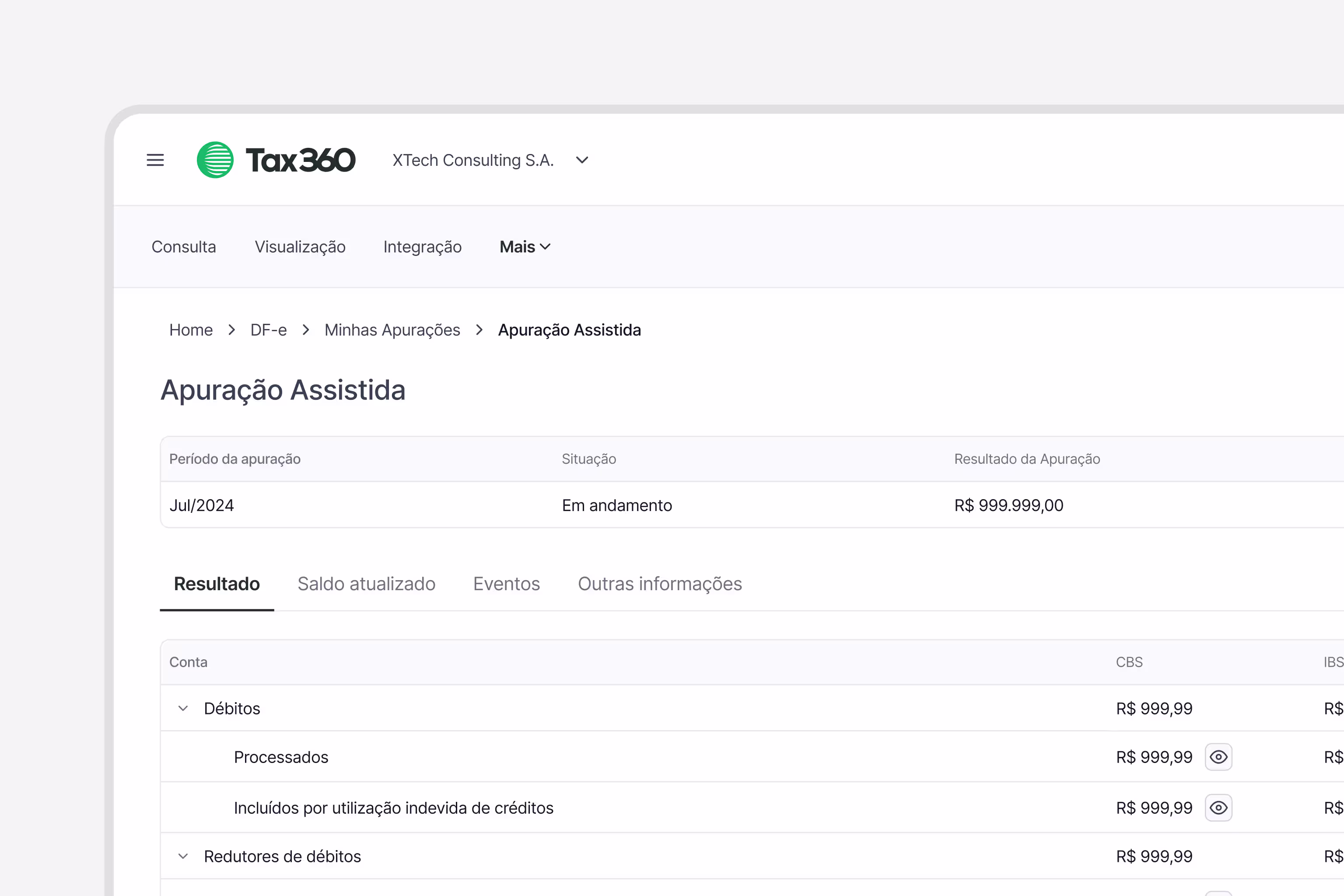 Tela do Tax360 de Apuração Assistida com conciliações e visão de fechamento fiscal.