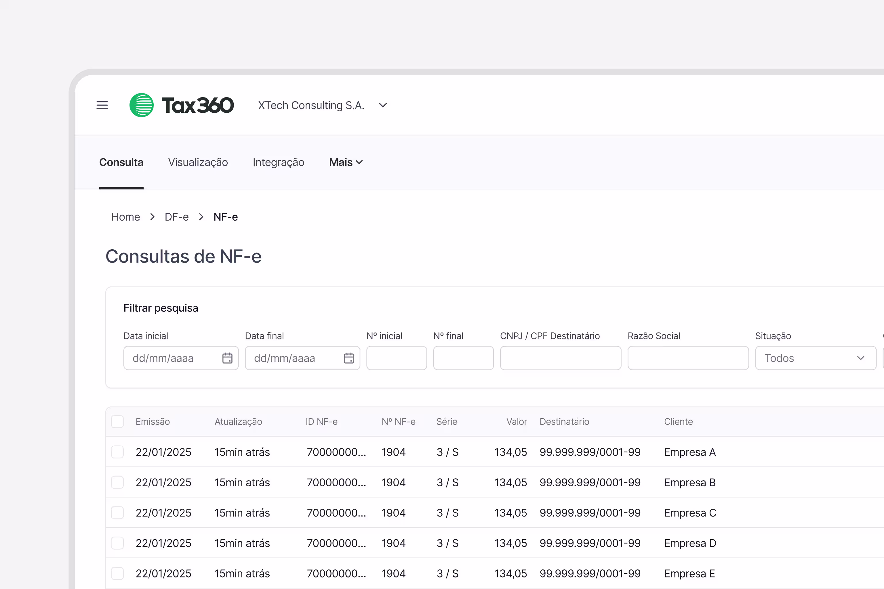 Tela do Tax360 para emissão e gestão de documentos fiscais eletrônicos.
