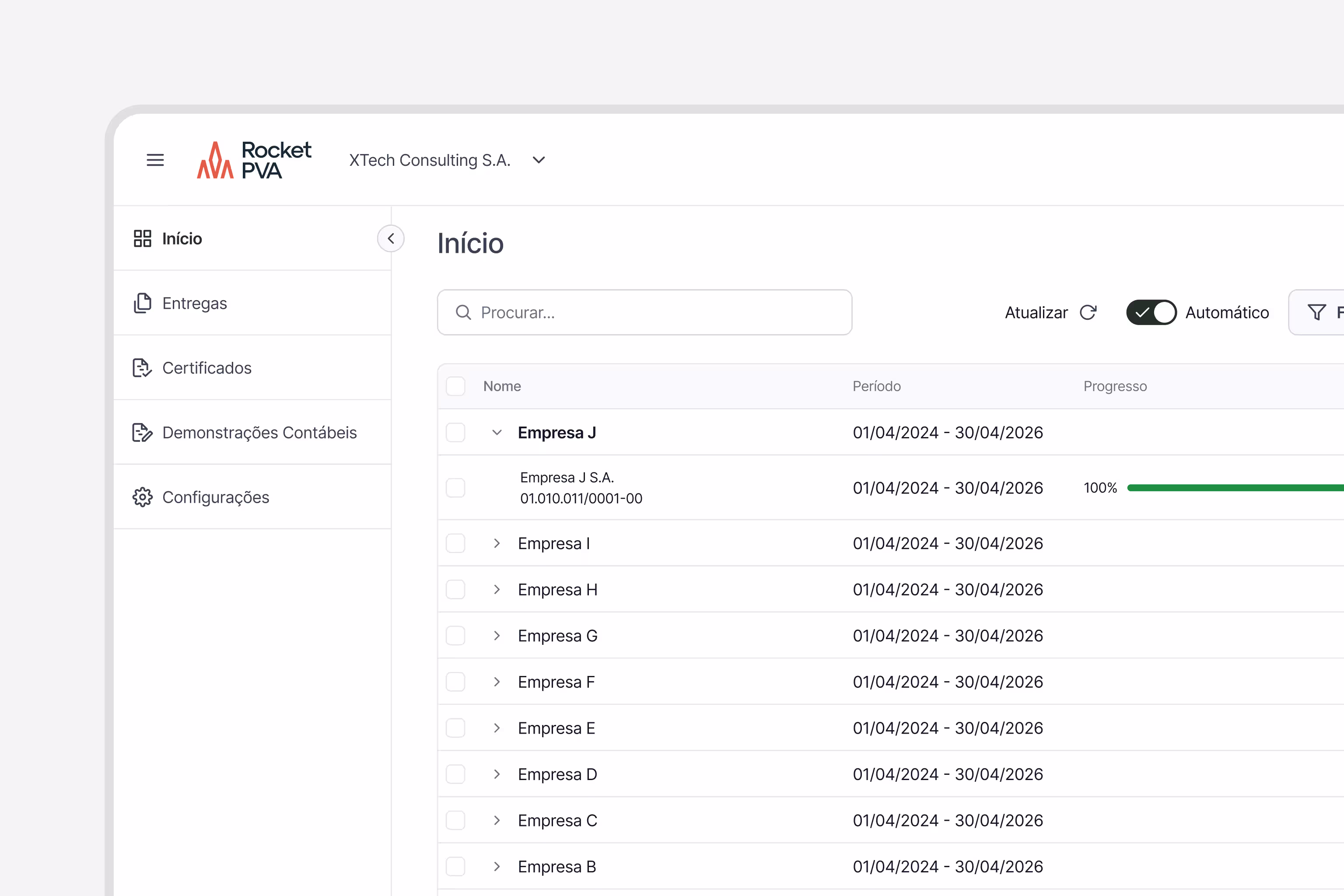 Tela do Tax360 de automações fiscais e RocketPVA.