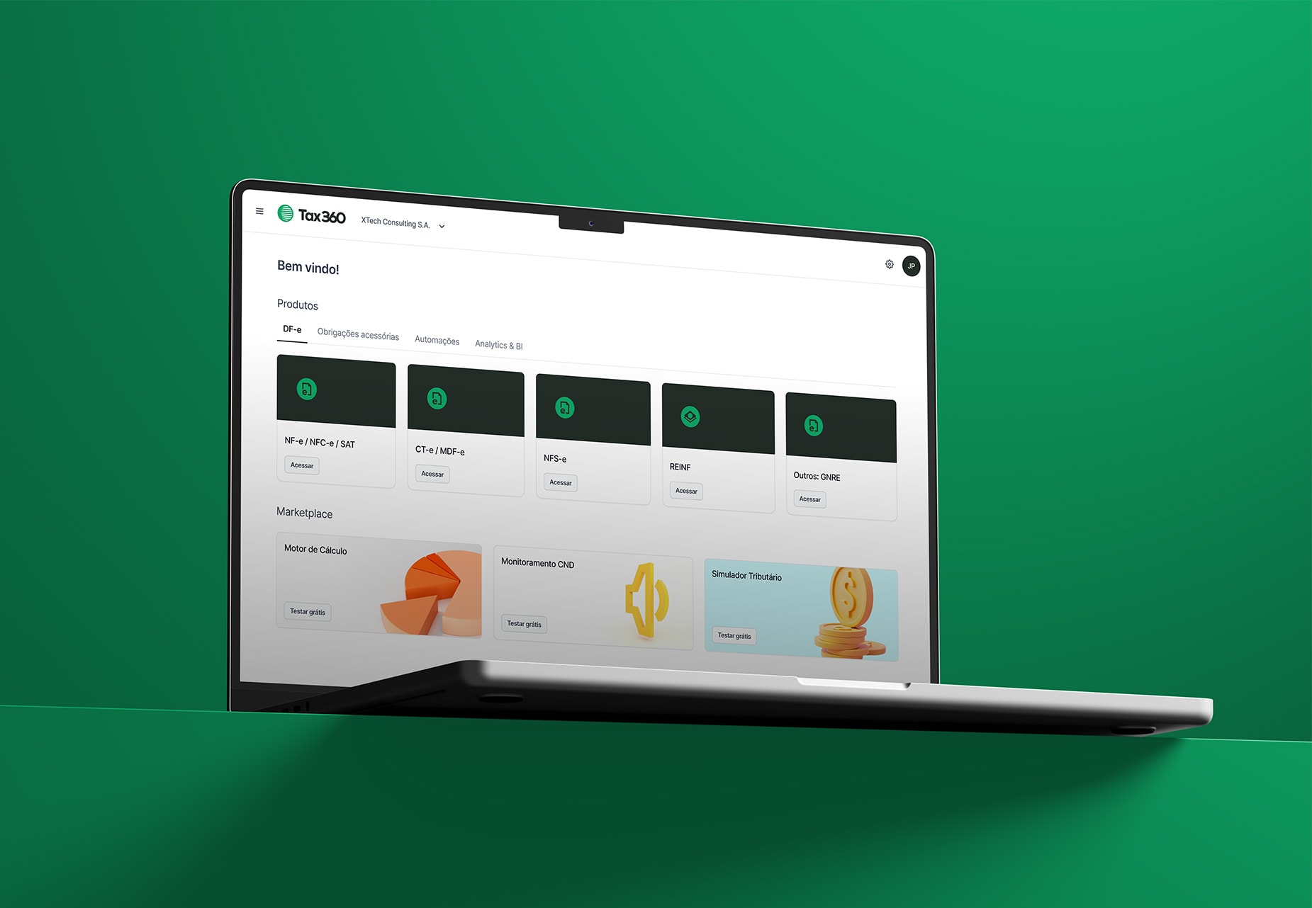 Dashboard Tax360 — plataforma fiscal corporativa.